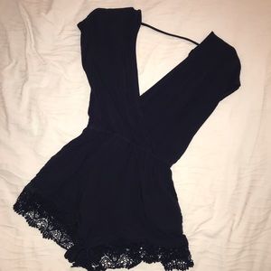 Navy Blue Lace Romper with POCKETS